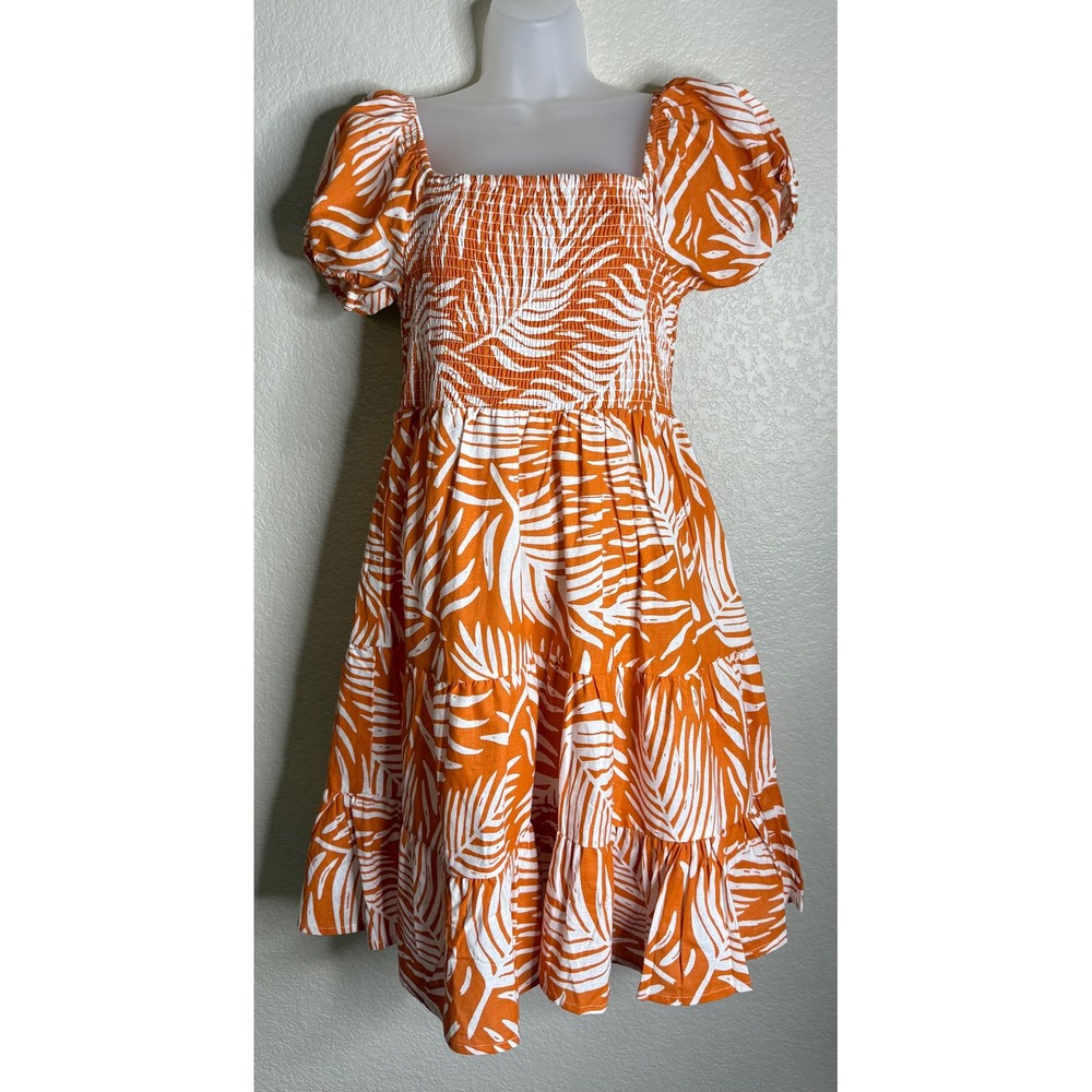 Lapogee Womens Large Dress Orange White Tropical Smocked Puff Sleeve Tiered Mini